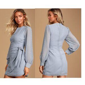 Lulus Much Love Light Blue Swiss Dot Long Sleeve Tie-Front Mini Dress XS NWOT